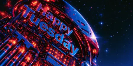 2K Quad HD PC desktop wallpaper: neon Happy Tuesday sign glowing on a futuristic cybernetic dome against a starry space background.