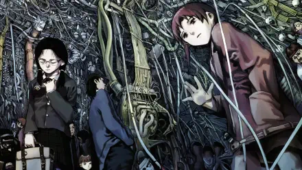 Serial Experiments Lain 4K Ultra HD PC wallpaper: Lain Iwakura and Alice Mizuki amid a dense tangle of cables and circuitry, anime/manga style, eerie cyberpunk atmosphere.