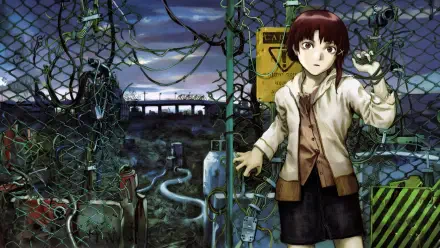 4K Ultra HD PC wallpaper of Lain Iwakura from Serial Experiments Lain (anime): a youthlike, androgynous figure by a chain-link fence amid tangled cables under a moody night sky.