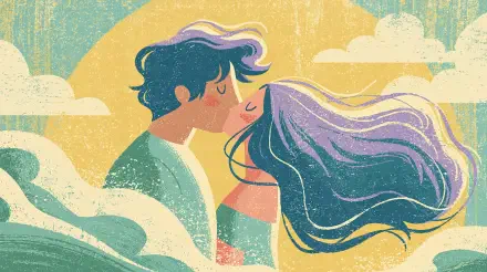 Artistic 2K Quad HD PC desktop wallpaper of a loving couple sharing a kiss amid stylized clouds and sun, flowing hair and textured painterly background.