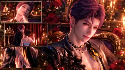 4K Ultra HD PC wallpaper: anime portrait of Rafayel, a suave man bathed in candlelight amid Love and Deepspace stars with a romantic, ornate background.