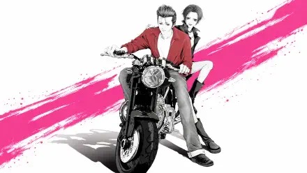 4K Ultra HD PC desktop wallpaper: Nana Osaki with a male companion seated on a motorcycle, couple pose against a bold pink brushstroke background.