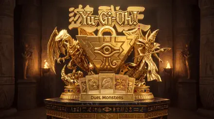 Yu-Gi-Oh! golden trophy and logo centerpiece with Duel Monsters statuettes on an ornate pedestal, 5K Ultra HD PC desktop wallpaper/background.