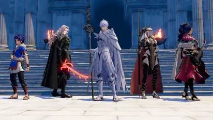 4K Ultra HD PC desktop wallpaper of Fire Emblem: Fortune's Weave — anime-style video game characters in ornate armor and cloaks lined on palace steps under torchlight.