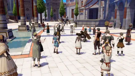 HD PC desktop wallpaper and background from Fire Emblem: Fortune's Weave — a lively crowd of characters gathered in a sunlit town plaza.