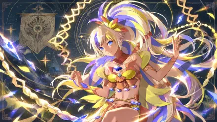 Fortuna (Fire Emblem: Fortune's Weave) — anime girl in golden jewel costume, flowing rainbow hair and celestial motifs, vibrant 4K Ultra HD desktop wallpaper.