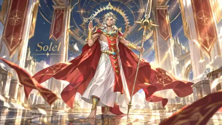 4K Ultra HD PC desktop wallpaper of Solel, queen from Fire Emblem: Fortune's Weave — regal figure in flowing red cloak and golden crown, scepter raised amid ornate palace halls.