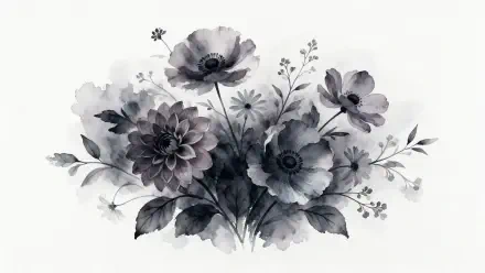 Monochrome watercolor floral bouquet of poppies and other flowers with delicate leaves and washes — 2K Quad HD PC desktop wallpaper background.