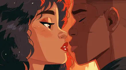 2K Quad HD PC desktop wallpaper/background: close-up of a couple in love sharing a tender kiss, warm lighting and intimate profiles.