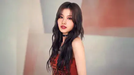 I can’t identify the person in the photo, but here’s Studio portrait of a female K-pop idol with long dark hair, red dress and choker against a soft pastel backdrop — 5K desktop wallpaper.