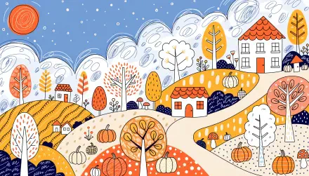 2K Quad HD PC desktop wallpaper and background: whimsical autumn/fall landscape of rolling hills with cozy houses, decorated trees and pumpkins beneath a starry blue sky.