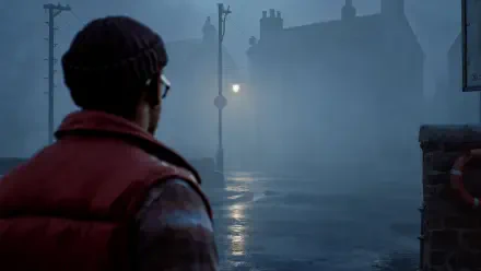 Simon Ordell stands with his back to the viewer on a rain-slick street in fog-shrouded Silent Hill: Townfall — moody 4K Ultra HD PC desktop wallpaper background.