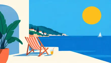 Minimalist summer 4K Ultra HD PC desktop wallpaper: sunlit beach terrace with a striped chair, cold drink, potted plant, blue ocean and distant sailboat under a bright yellow sun.