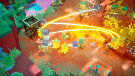 HD PC desktop wallpaper from Minecraft Dungeons II: blocky heroes and mobs clash in a fiery explosion, with glowing arc beams and scattered debris.