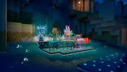 HD PC desktop wallpaper: pixel-art scene from Minecraft Dungeons II — Minecraft video game characters on a glowing platform in a blocky cave.