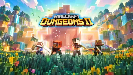 Minecraft Dungeons II 4K Ultra HD PC desktop wallpaper: Minecraft video game heroes wield swords and bows charging across a vibrant blocky meadow toward a glowing fortress.