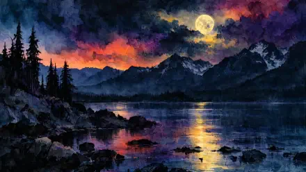 4K Ultra HD PC desktop wallpaper: dark landscape of a moonlit lake reflecting a full moon, rugged mountains and pine silhouettes beneath a dramatic purple-orange sky.