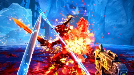 4K Ultra HD PC wallpaper of Warhammer 40k: Boltgun 2 — first-person gunfire in an icy cavern as a creature explodes amid fiery shrapnel and blue energy beams.