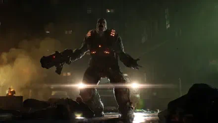 Armored COG soldier from Gears of War: E-Day (Gears of War) raises a heavy weapon through smoke and light flares — 2K Quad HD PC desktop wallpaper/background.
