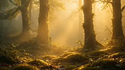 4K Ultra HD PC desktop wallpaper: ambient, sunlit forest with golden rays streaming through moss-covered trees, ferns and a mist-kissed woodland floor.