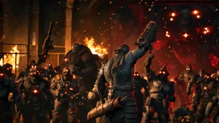 Gears of War: E-Day — a locust warrior hoists a chainsaw blade amid flames and chaos as an armored horde marches through battle. 4K Ultra HD PC desktop wallpaper and background.