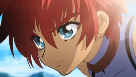 Tales of Eternia close-up anime portrait of a red-haired girl with determined blue eyes, HD PC desktop wallpaper/background.