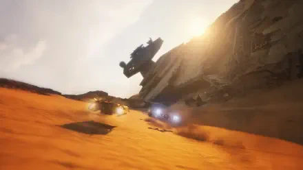 Star Wars: Galactic Racer 4K Ultra HD PC desktop wallpaper of offroad dune racing: futuristic cars streak across a sunlit desert canyon, kicking orange sand beneath a jagged rocky ridge.