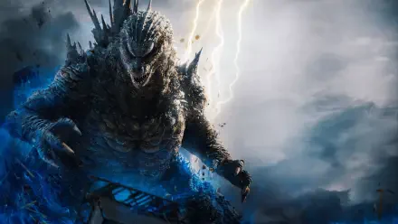 Godzilla Minus Zero towering through storm and lightning, blue energy pulsing over wreckage — 4K Ultra HD PC desktop wallpaper and background.