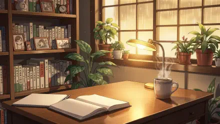 Cozy anime lofi study scene: open notebook, steaming mug, potted plants by rain-speckled window, warm lamp glow — HD PC desktop wallpaper & background.