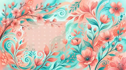 March 2027 calendar with vibrant coral and teal flowers, a 5K Ultra HD PC desktop wallpaper and background.