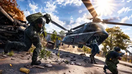Call of Duty: Modern Warfare 4 soldiers beside a military helicopter in a sunlit combat zone, 4K Ultra HD PC desktop wallpaper and background.