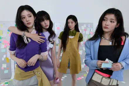 ILLIT girl band members in stylish fashion outfits beside a wall of colorful notes, Break Even 4K Ultra HD PC desktop wallpaper background.
