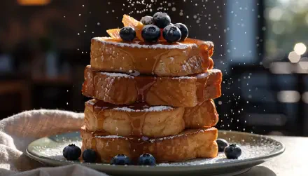 4K Ultra HD desktop wallpaper of stacked French toast pancakes topped with fresh blueberries and dripping syrup.