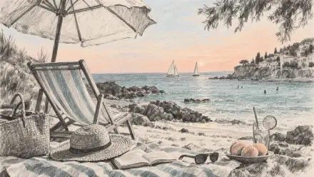 Pastel summer beach scene with a striped chair, beach umbrella, and calm sea, illustrated as a 4K Ultra HD PC desktop wallpaper background.