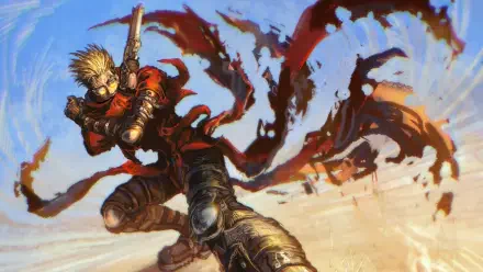 Trigun 4K Ultra HD PC desktop wallpaper featuring Vash the Stampede charging across a desert in his flowing red coat.
