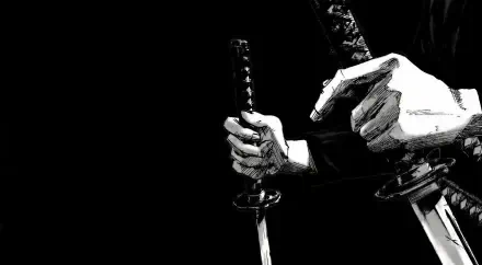Black-and-white Vagabond manga wallpaper showing a samurai gripping a sword, a cool 2K Quad HD desktop background.
