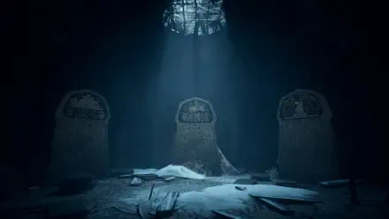 Dragon’s Dogma 2: Dark Arisen 4K PC wallpaper showing tombstones in a shadowy crypt beneath a beam of light.