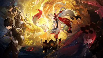 Wuthering Waves anime wallpaper featuring Hsin and Rover amid a dramatic golden battle, 5K Ultra HD PC desktop background.