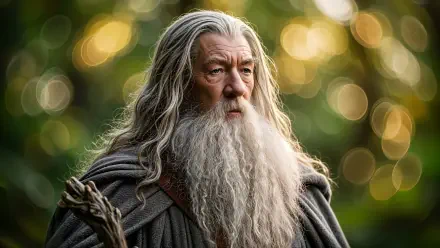 Gandalf with long silver hair and beard in a forest, 4K Ultra HD PC desktop wallpaper and background.
