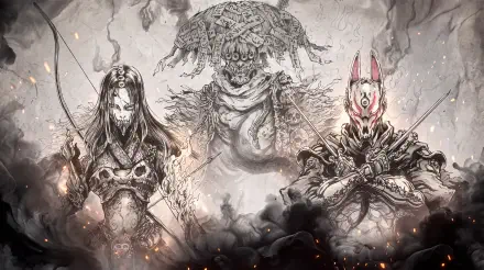 Ghost of Tsushima: Legends warriors and a towering demon in dramatic ink art, featured in a 5K Ultra HD PC desktop wallpaper.