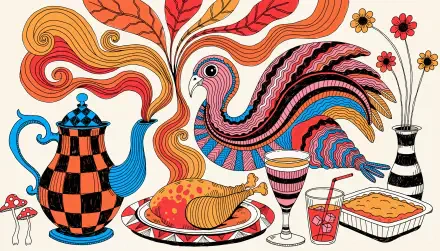 Colorful folk-art Thanksgiving turkey with a checkered teapot, roast dinner, pie, and drinks, 4K Ultra HD desktop wallpaper