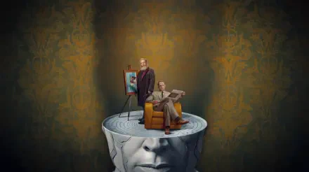 Surreal VisionQuest Marvel wallpaper featuring Vision and Ultron atop a giant sculpted head, in 5K Ultra HD for PC desktop.
