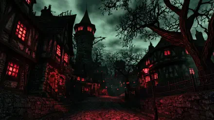 5K Ultra HD PC desktop wallpaper of a PS2core dreamcore haunted medieval village at Halloween, with eerie red-lit windows beneath twisted trees.