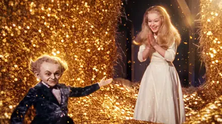 AI-generated Rumpelstiltskin theater meme with a child performer and girl on a glittering stage, 5K Ultra HD desktop wallpaper.