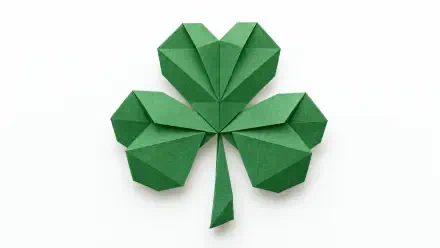 Green origami shamrock clover paper craft on a white background, 4K Ultra HD desktop wallpaper.
