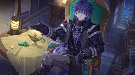 Flins, the purple-haired Genshin Impact anime man, sits at a table in this 5K Ultra HD PC desktop wallpaper.