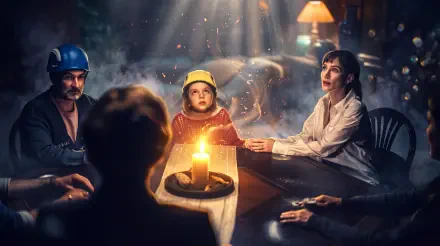 Other Mommy séance scene with people gathered around a glowing candle, 5K Ultra HD PC desktop wallpaper and background.
