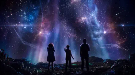 5K Ultra HD Narnia: The Magician’s Nephew desktop wallpaper, with three silhouettes beneath a glowing galaxy in the night sky.