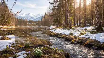 5K Ultra HD desktop wallpaper featuring a March 2027 calendar over a snowy forest river landscape.