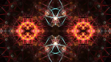 Psychedelic fractal mandala with glowing red and gold cosmic patterns on a dark space background, 4K Ultra HD desktop wallpaper.